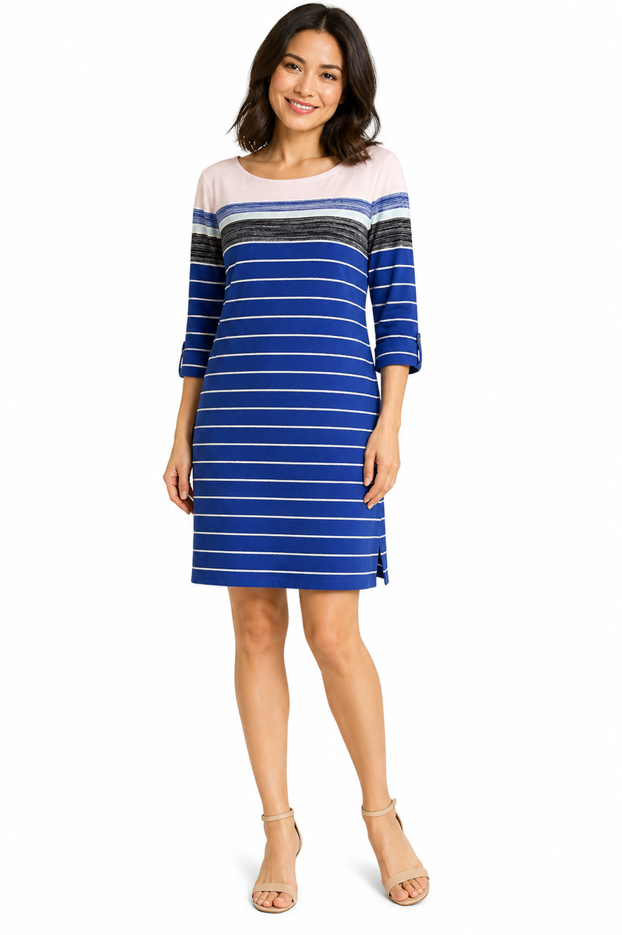 T by Talbots Petite Pink Blue Cotton Knit 3/4 Sleeve Casual Dress Stripes sz S P
